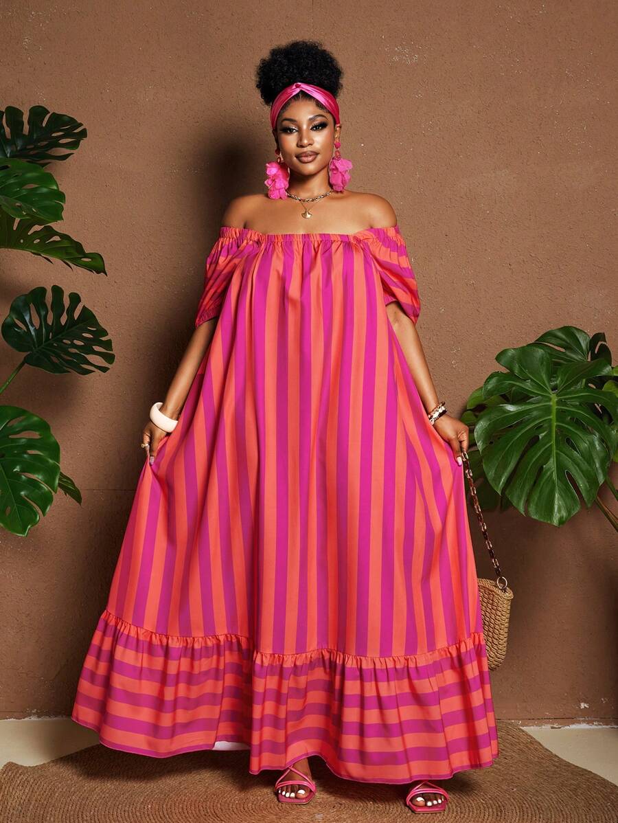 Maweii Strappy Dual Color Print Striped Loose Vacation Long Dress - Multicolor - View 1