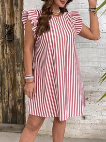 SHEIN VCAY Plus Size Casual & Holiday Striped Mini Cap Sleeve Dress - Red and White - View 3
