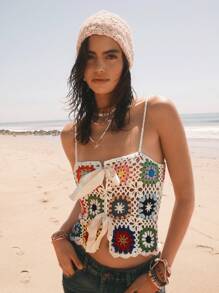 Easelle 2025 Spring And Summer Women Bohemian Style Beach Vacation Island, Women Crochet Floral Woolen Bowknot Decor Hollow Out Knit Top