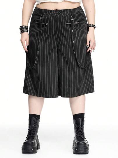 Goth Plus Size Punk Style Zipper Decor Striped Low Waist Bermuda Shorts