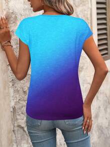 EMERY ROSE Ombre V-Neck Casual Short Sleeve T-Shirt, Suitable For Summer - Multicolor - View 2