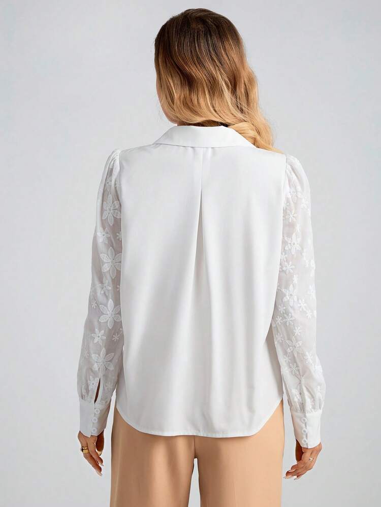 Women's Floral Embroidered Puff Sleeve Single-Breasted Elegant Blouse