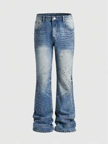 ROMWE MEN Street Life Men's Street Life Stacked Diamond Embellished Flared Jeans