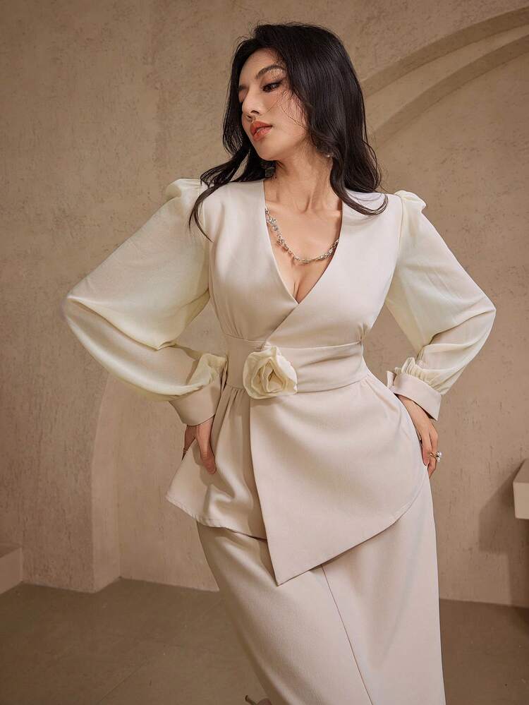 2pcs Women Rose Decor Blouse And Skirt Set, Summer Outfit,Fall Clothes