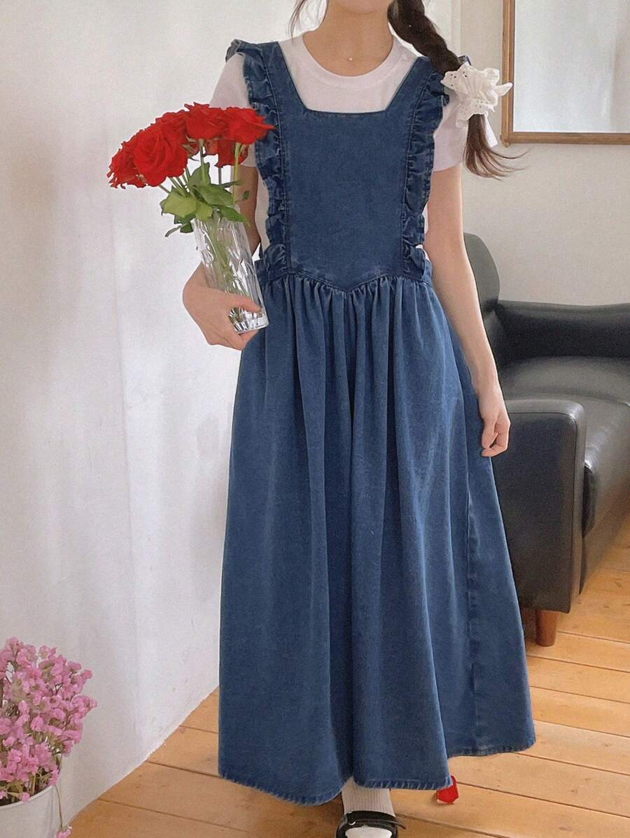 DAZY Vestido feminino com alças e babados no busto, vestido longo jeans casual fofo e elegante - Lavagem Média - Ver 1