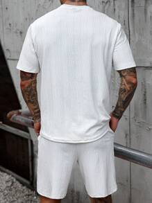 Manfinity Homme Men's Casual Solid Color Textured T-Shirt And Shorts Set, Summer - White - View 2