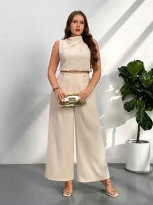 Firerie Plus Size Women Office Commute Casual Elegant Twist Knot Blouse Top And Metal Button Wide-Leg Pants 2 Pieces Set, Spring/Summer - Apricot - View 6