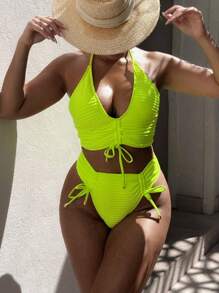 Swim SXY 女士夏季新款纯色提花面料前褶镂空露背系带休闲沙滩比基尼套装 - 青檸色 - 查看 4