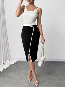 SHEIN Clasi Falda lápiz elegante de punto de alta calidad y alta elasticidad con bloqueo de color de talle alto para mujeres curvy y de talla grande, negra, 2025 nueva, para invierno, vintage, salir, otoño, invierno, otoño talla grande, oficina para mujeres, falda de otoño - Negro - Ver 6