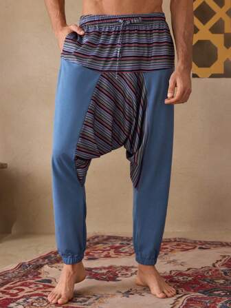 Manfinity ModaGents Pantalones bohemio suelta de estilo informal de playa casual exterior de moda hombre, pantalones de yoga de verano azules de estilo patchwork