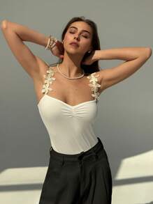 Aloruh Women's White Sleeveless Bodysuit With Delicate Floral Applique Straps And Ruched Bust Detail For A Casual Chic Look - White - View 3
