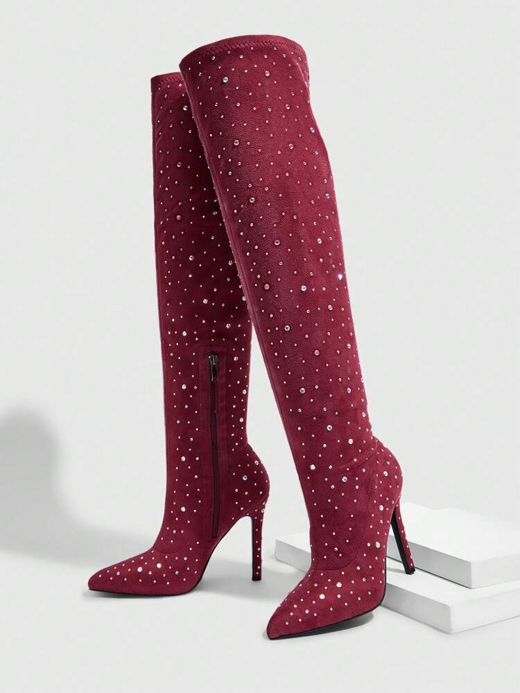 CUCCOO SZL Women's Pointed Toe Slim Heel Rhinestone Sparkly Sexy Party Over The Knee Boots, Suede Black Tall Boots For Autumn/Winter