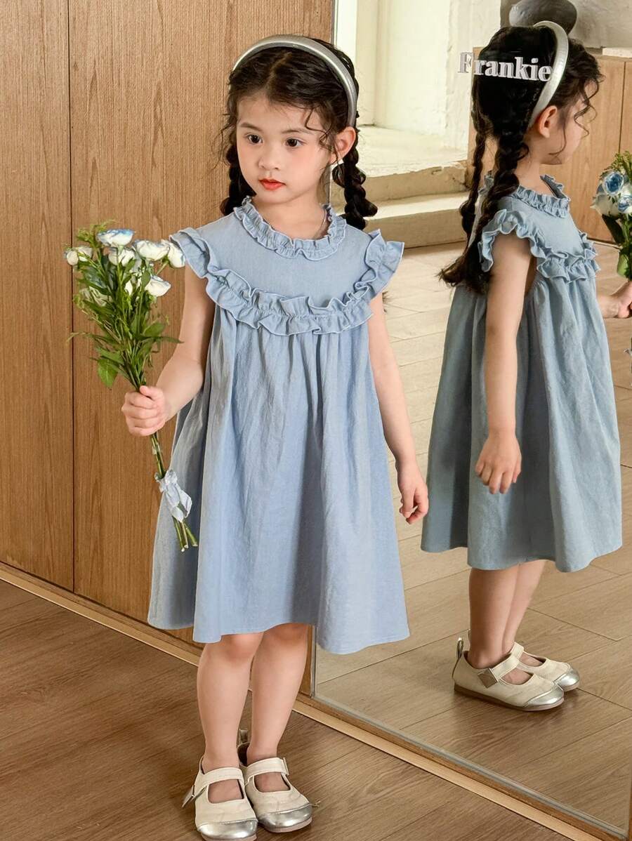 SHEIN Little Byeori Young Girls' Ruffle Trim Round Neck A-Line Sleeveless Dress, Blue Color - Blue - View 1