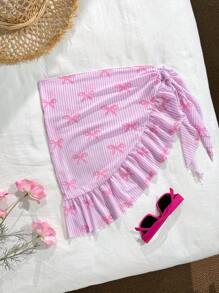 Tween Girls Sweet And Cute Bow Print Beach Cover Up Skirt,Ruffled Sarong - Pink - View 2