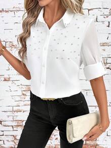 SHEIN Clasi Blusa elegante in stile francese da donna con decorazioni in perle, per l'estate