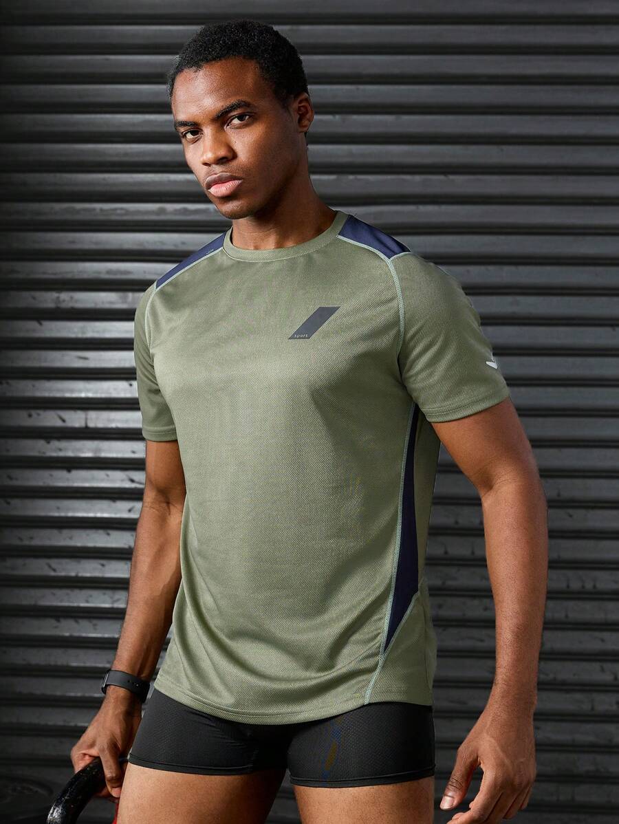 Gym Rark Men's Contrast Color Raglan Sleeve Casual Sports T-Shirt Workout Clothes Running Tees & Tanks Compression Shirt Men - Army Green - View 1