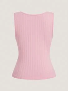 SHEIN Clasi Women's Knitted Sleeveless Elegant Tank Top With Scoop Neck Rhinestone Button Decor - Pink - View 2