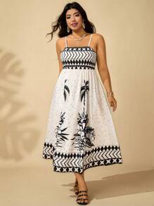 SHEIN Clasi Flowers Birds Plus Size Women Elegant Commuting Vacation Style Contrast Color Placement Print Tube Top Overall Strap Dress - Black and White - View 5