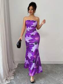 Rafferiza 女士优雅花卉印花长款背心裙 - 紫色 - 查看 5