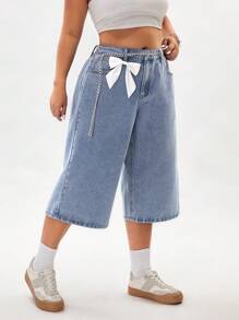 SHEIN ICON Plus Size Women's Bow Decorated Wide Leg Bermuda Shorts  Summer Outfits For Women Festival Outfits Cowgirl Outfits For Women - Blue - View 2