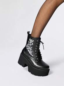 ROMWE Grunge Punk 女士时尚系带厚底踝靴，哥特式花卉刺绣侧拉链战斗靴 - 黑色 - 查看 4