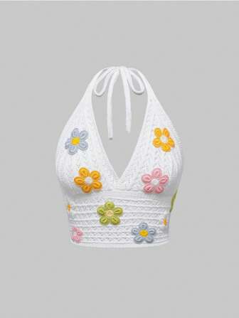 Cute Crocheted Flower Neck Decor Blouse, Vacation Style