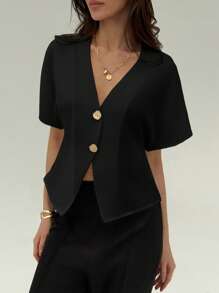 Aloruh Elegant Flared Sleeve Double-Breasted Cardigan, Solid White Simple Casual Shirt