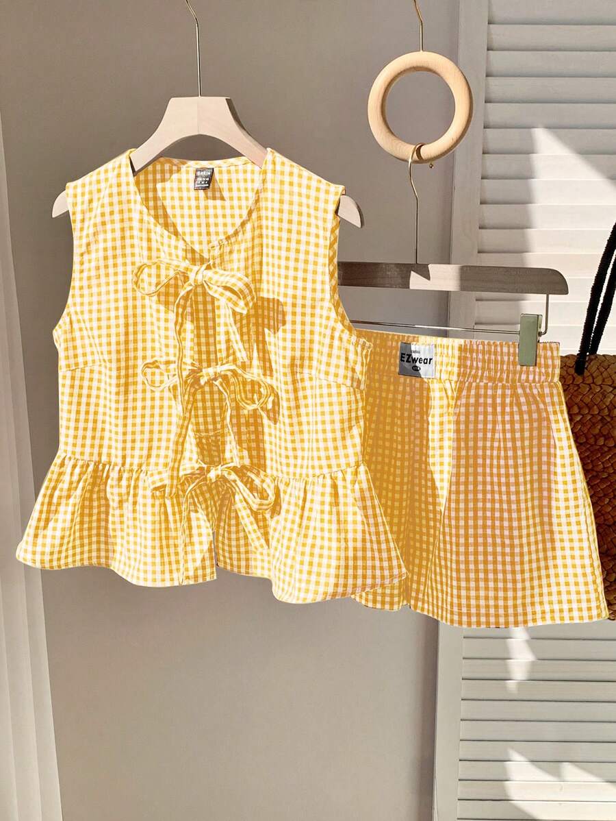 Comfortcana Summer Yellow Plaid Front Tie Bow Top And Shorts Set - Yellow - View 1