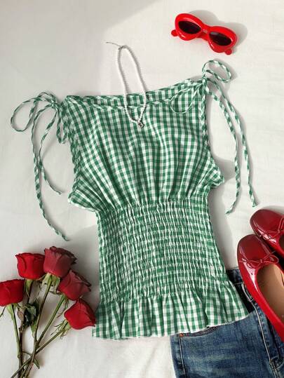 Comfortcana Women's Casual Checkered Adjustable Cinched Waist Spaghetti Strap Summer Top