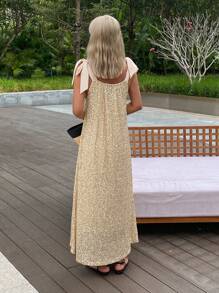 DAZY Vestido de tirantes con textura de lentejuelas metálicas de color contrastante en estilo francés para mujeres, nuevo diseño de nicho elegante para fiesta