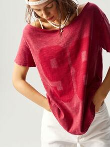 Bohemela 波西米亚风度假露肩纯色针织宽松大圆领女式T恤 - 紅色 - 查看 3