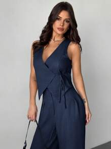 Firerie Festival New Spring/Summer Elegant Minimalist Linen Color Wrap Tie Belt Waistcoat & High Waist Pleated Wide Leg Pants Suit Set, Office Commuting