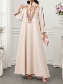 SHEIN Najma Elegant Ramadan Women Loose Fit Long Sleeve Embroidered Robe, Modest Kaftan - Khaki - View 3