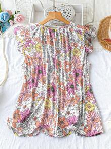 SHEIN LUNE Plus Size Colorful Floral Print Cap Sleeve Blouse Boho Rave Festival Spring Break Old Money Style Rave - Multicolor - View 2