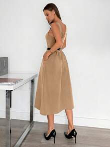 Siren Gaze 女士高腰灰色无袖 A 字口袋中长连衣裙，灰色系列的一部分 - 卡其色 - 查看 2