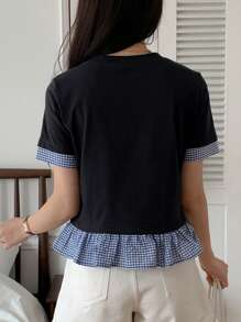 DAZY Women's Summer Round Neck Short Sleeve Plaid Splice Casual Short Fitted Cute T-Shirt - Black - View 4