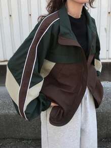 FRIFUL Women Casual Summer Jacket With Colorblock Patchwork - Green - View 1