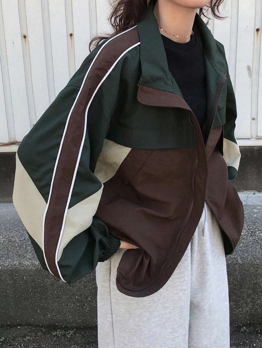 FRIFUL Women Casual Summer Jacket With Colorblock Patchwork - Green - View 1