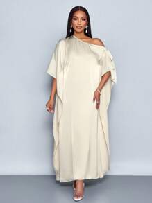 SOLERSUN Spring And Summer Women's Clothing Elegant Commuting Sexy Oblique Shoulder Bow Seaside Holiday Party Party Robe Glossy Fabric Apricot Long Skirt - Apricot - View 6