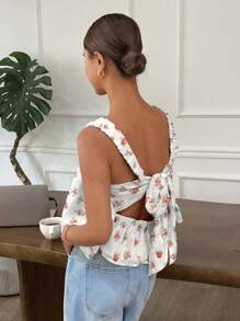 SHEIN Frenchy 女士度假印花编织提花后系带荷叶边下摆背心，夏季度假露背欧洲夏季露背上衣，碎花图案狂欢上衣狂欢伊比沙岛海滩可爱外出上衣生日度假