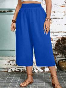 Plus Size Women Summer High Waist Loose Solid Color Wide Leg Pants, Casual Office Trousers - Blue - View 3