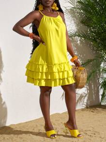 Slaydiva Plus Size Mustard Yellow Tiered Sundress: Casual Woven Spaghetti Strap Mini Dress For Summer - Mustard Yellow - View 6