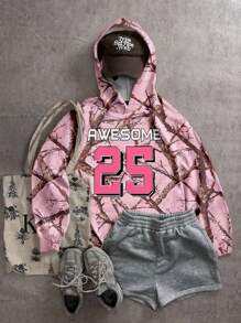 Muchica 休闲简约粉色迷彩分会比赛日数字印花女式连帽衫，适合春夏季和比赛日 - 彩色 - 查看 1