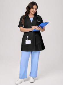 TaskEZ Chaqueta estilo bata de laboratorio de talla grande para mujer, de unicolor jaspeado, con solapa, manga corta, abotonadura sencilla y bolsillo, para uso profesional de enfermera