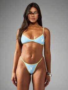 Missguided x Playboy Classic Contrast Trim Bikini Set Spaghetti Strap Triangle 2 Pcs High Cut Scrunch Resort Vacay Summer Beach Medium Coverage Pool V Neck Swimsuit Set - Multicolor - View 5