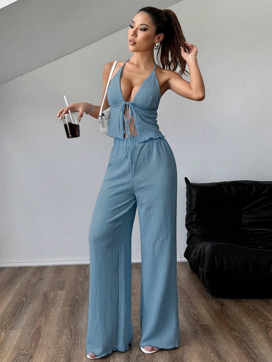 Flirla 纹理面料垂坠挂脖宽松阔腿裤套装 - 藍色 - 查看 1