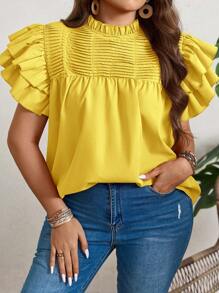 SHEIN LUNE Áo cánh tay lửng hai lớp màu trơn thường ngày cỡ lớn cho nữ - Màu vàng - Xem 3