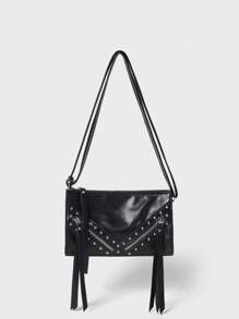 SHECARRY Women Crossbody ,Metal,Summer Autumn Holiday ,For Dinner/Dating/Party/School/Travel/Commute/Shop Bag, Y2K, Steampunk,Party,Women Crossbody Rivets, Zippers, Tassels,With Metal Decor,Portable ,With Adjustable Strap, With Metal Decor, Tassel,Faux Leather, Back To School For Students