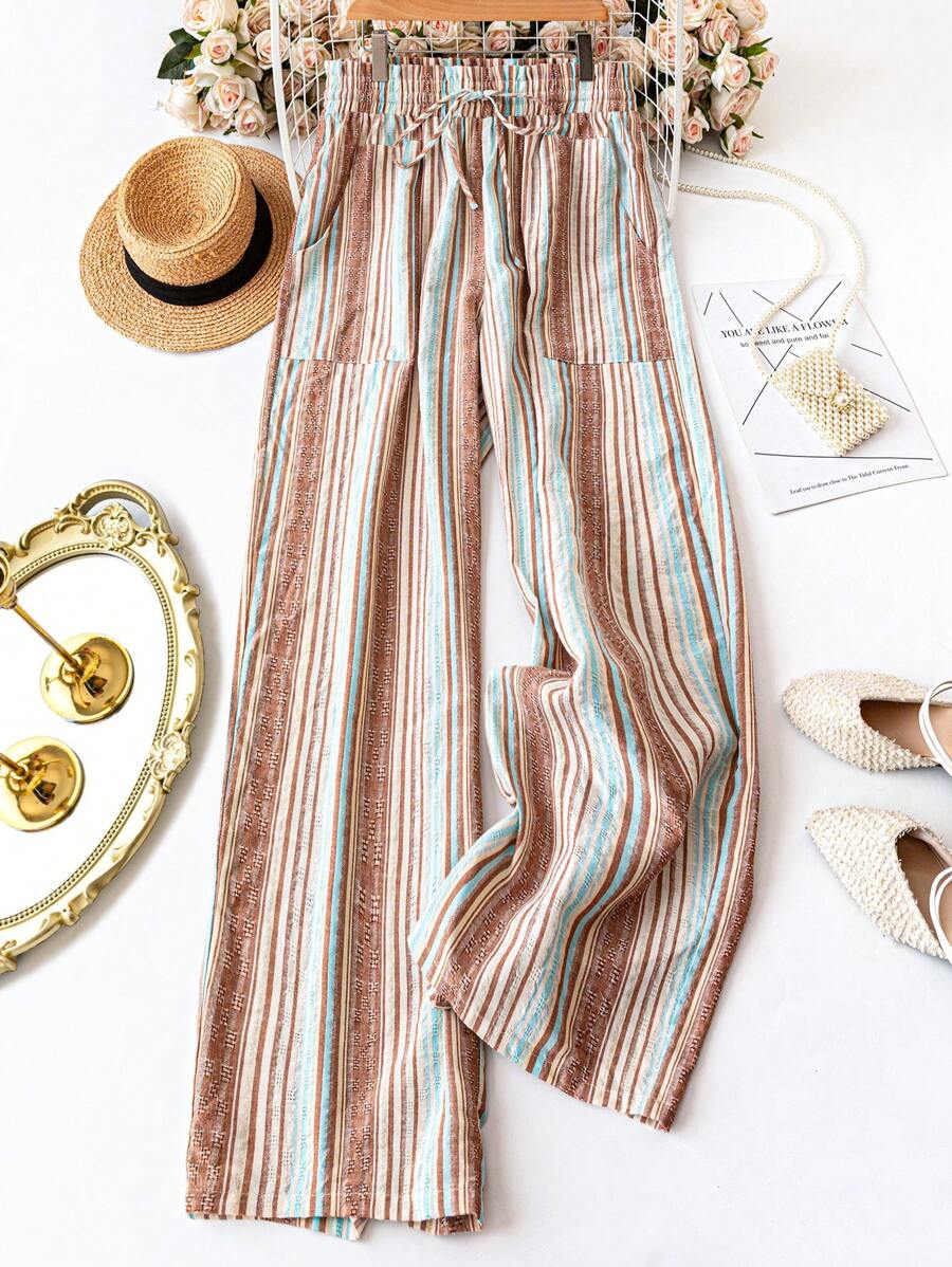 SHEIN LUNE Plus Size Casual Striped Wide Leg Pants Red White Blue Pants Graduation - Black - View 1