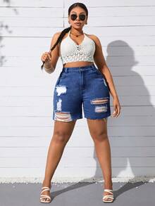 SHEIN SXY Plus Size Ripped Denim Shorts, Fashionable For Summer Ripped Jean Shorts - Dark Wash - View 5